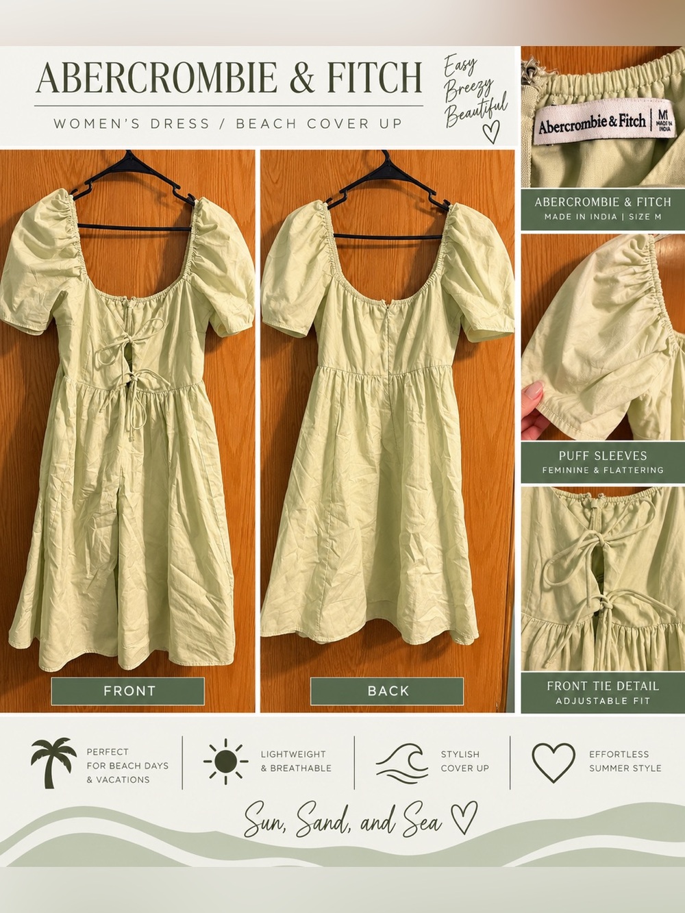 Abercrombie & Fitch Pale Green Puff Sleeve Tie-Front Midi Dress